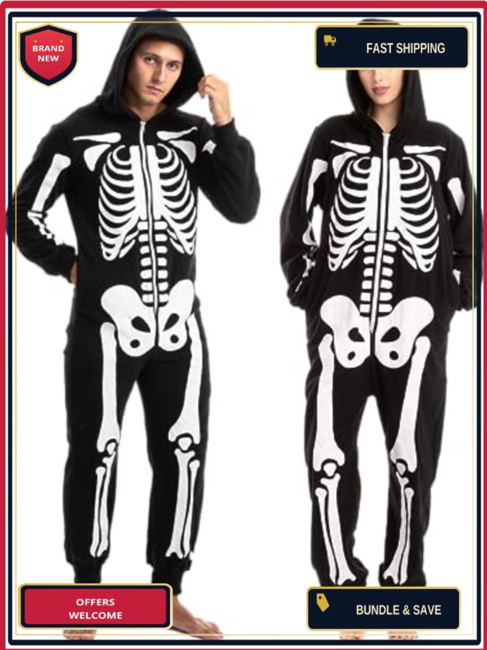 Unisex Skeleton Costume Jumpsuit Hooded 100% Polyester Halloween Party